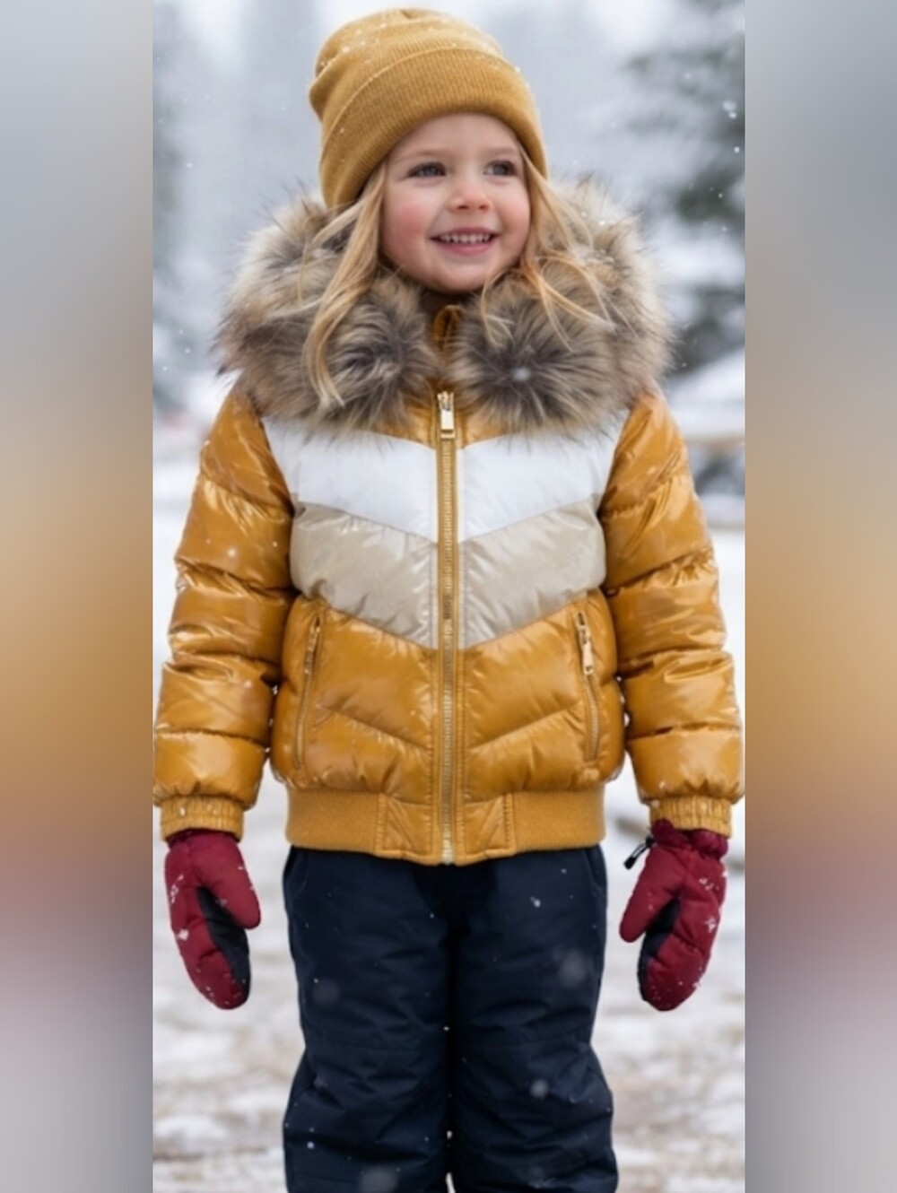 Kids Mustard Puffer Jacket with Removal Faux Fur Collar